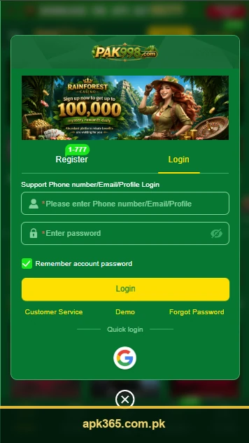 pak998 game login page screenshot