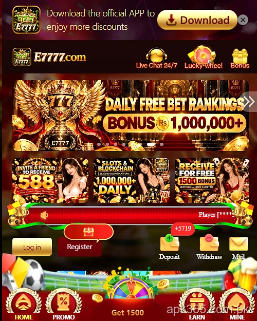 e7777 game homepage screen showing different games