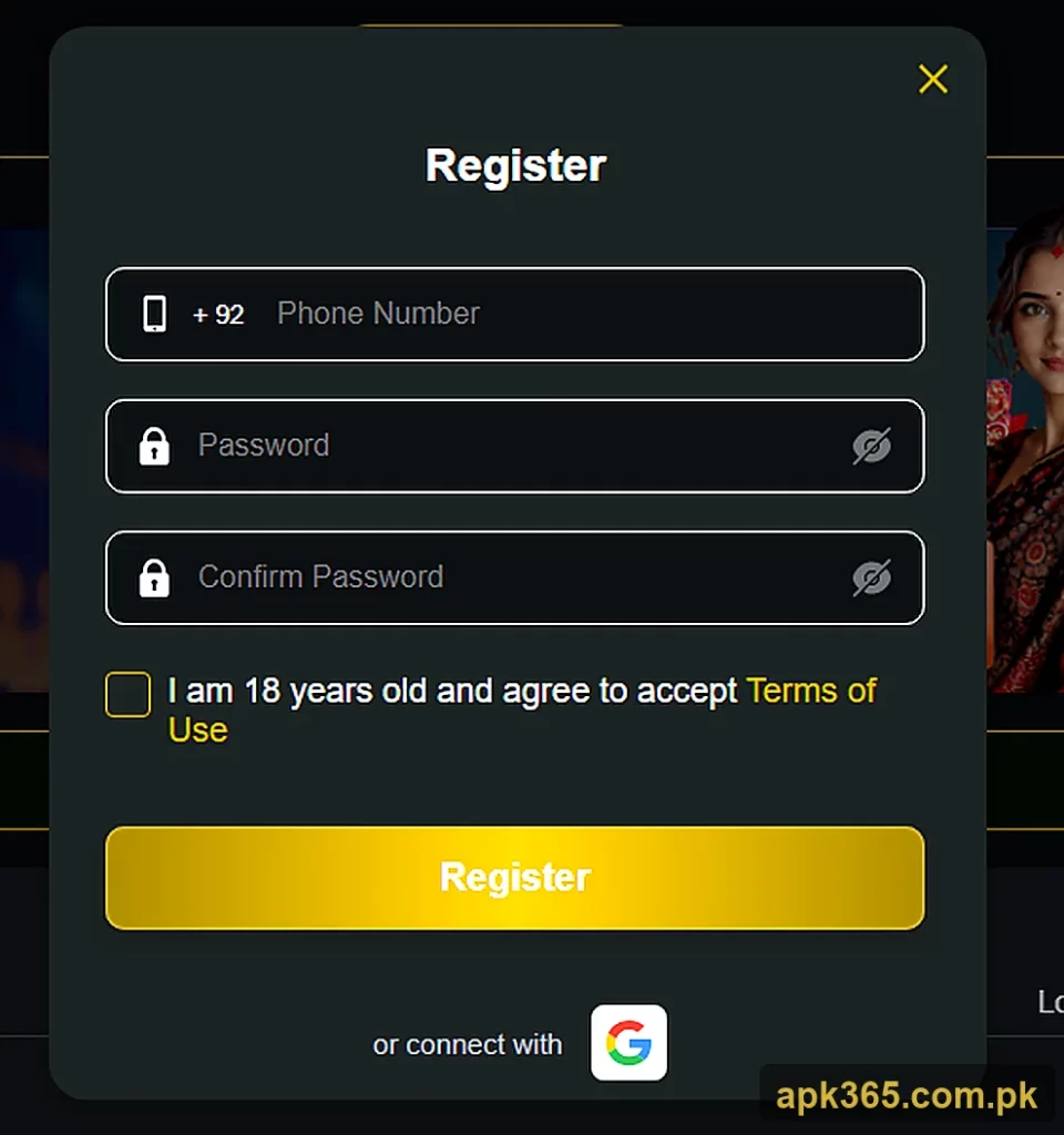 pak365 game registration page with number and password